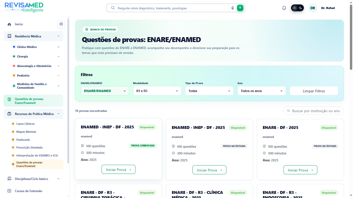 Questões de provas ENARE e ENAMED: filtros e provas disponíveis na plataforma Revisamed