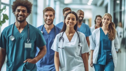 Equipe de médicos no hospital. Fundo com foco seletivo. IA gerada, aprimorada por humanos