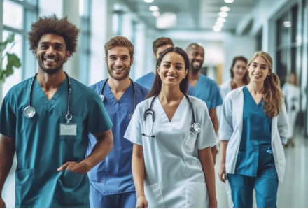 Equipe de médicos no hospital. Fundo com foco seletivo. IA gerada, aprimorada por humanos