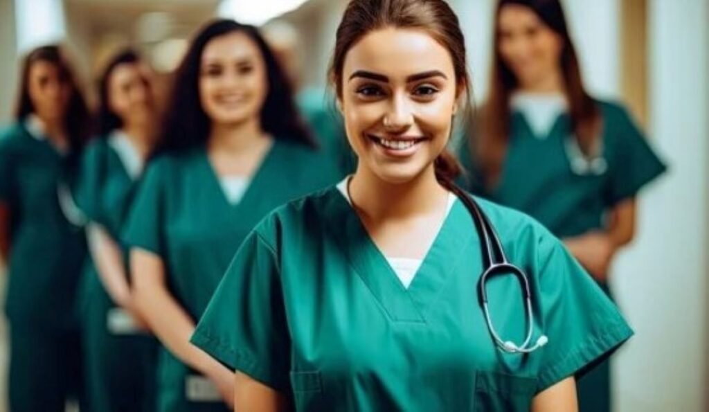 foto de vários estudantres com pijamas dede médico na or verde, sendo uma estudante em primeiro plano com estetoscópio no pescoço e sorridente. Ao fundo os demais estudante estão desfocados.