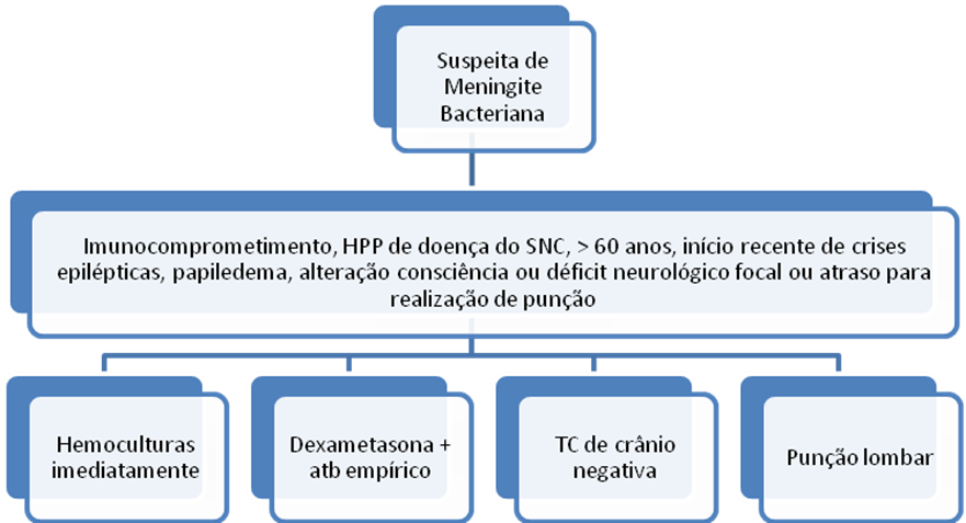 O corticosteróide deve ser iniciado imediatamente antes, ou concomitantemente, à primeira dose do antibiótico, nos casos de suspeita bacteriana. Habitualmente, prescreve-se a dexametasona, na dose de 0,15 mg/kg iv, a cada 6 horas, por 2 a 4 dias.