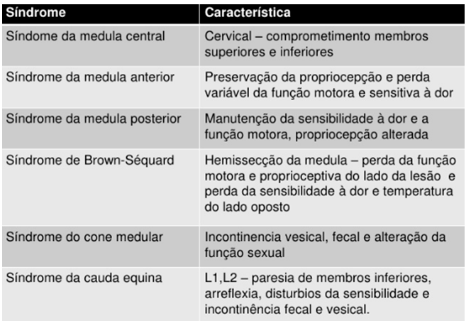 síndromes específicas associadas ao trauma raquimedular