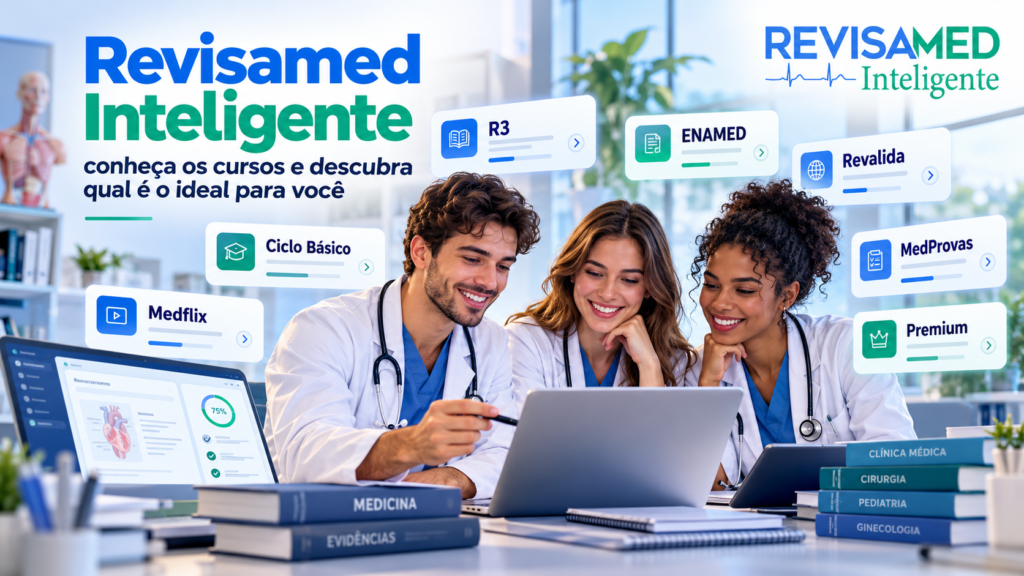 Ciclo Básico, R1, R3, ENAMED, Revalida, MedProvas e Medflix: veja o que cada curso do Revisamed Inteligente oferece e qual combina com a sua etapa na Medicina.